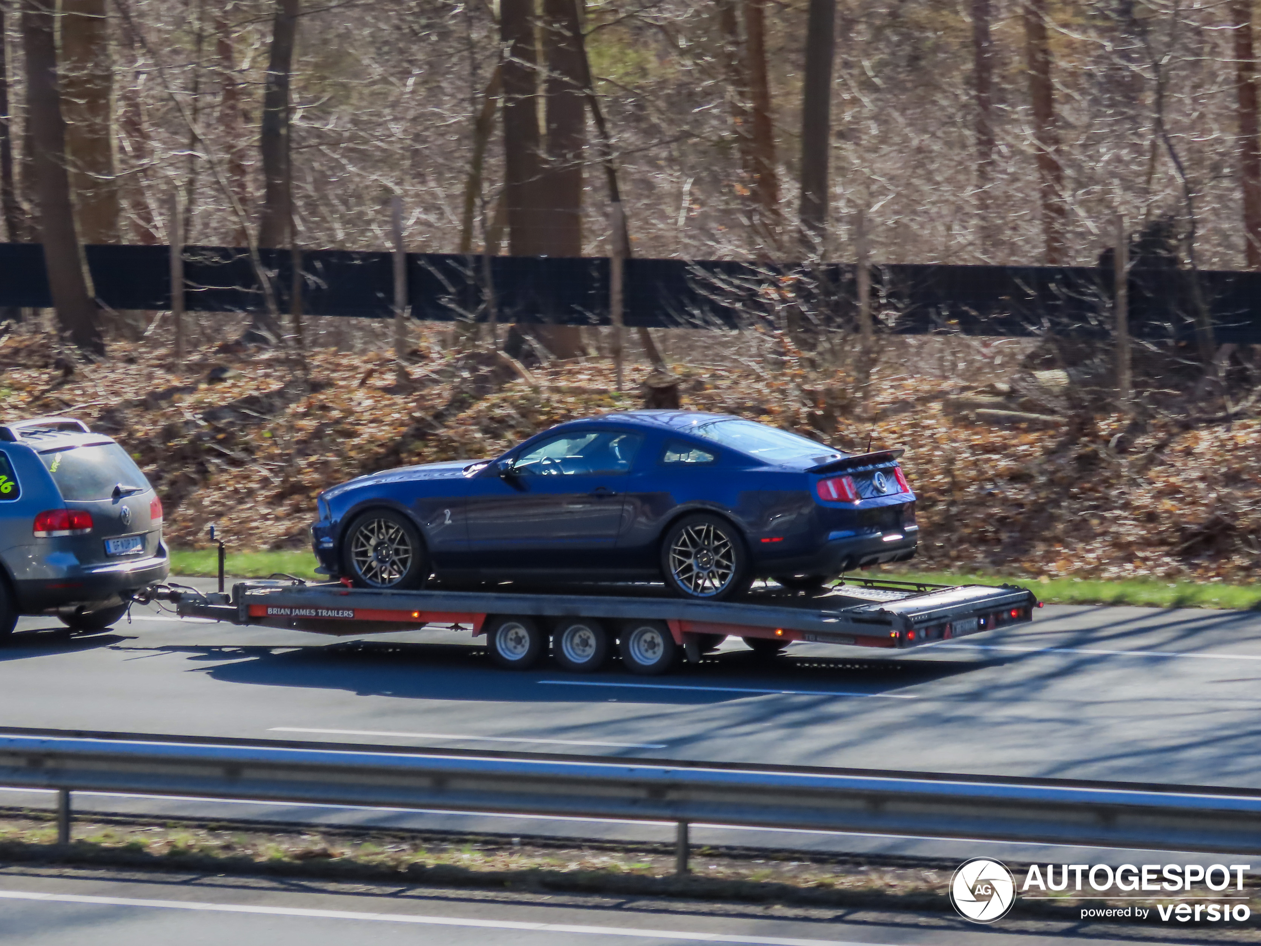 Shelby Mustang GT500 geketend op aanhanger