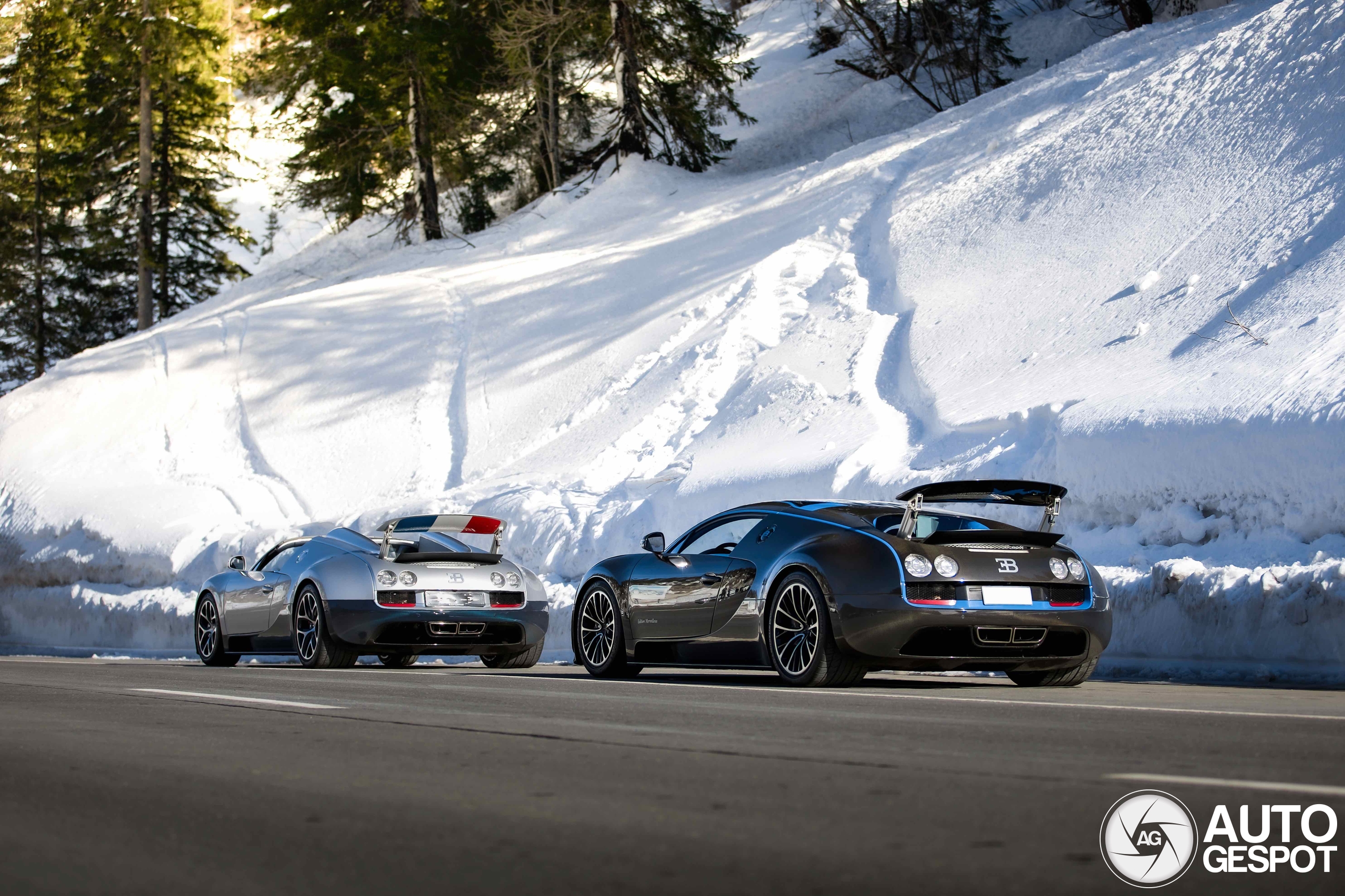 Bugatti Veyrons poseren tussen de sneeuw